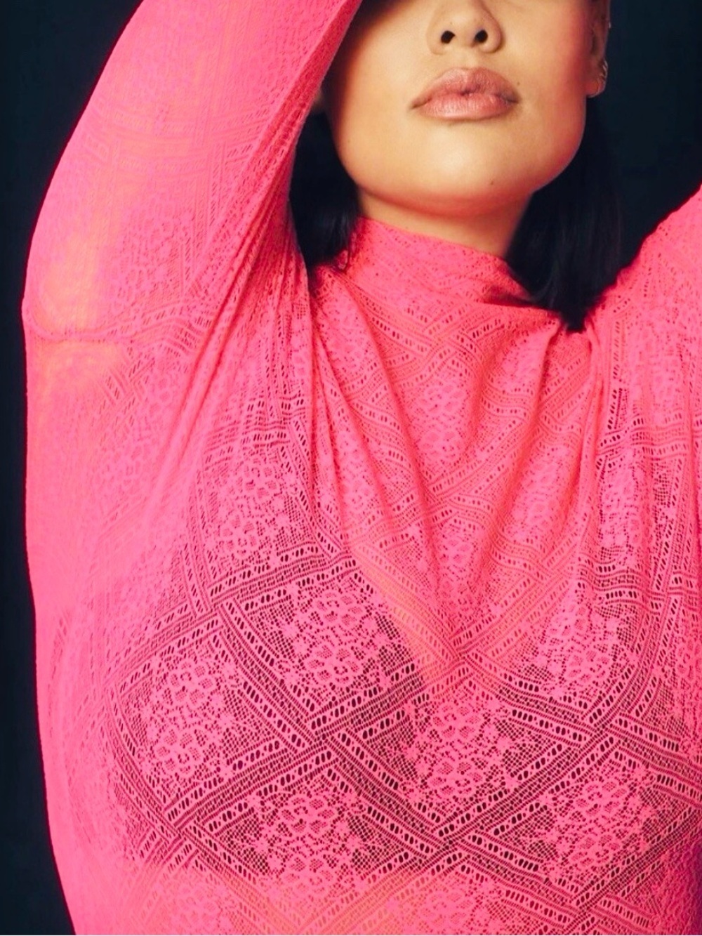 ANTHROPOLOGIE, Hot Pink Sheer Lace Turtleneck, Size Medium, NWT